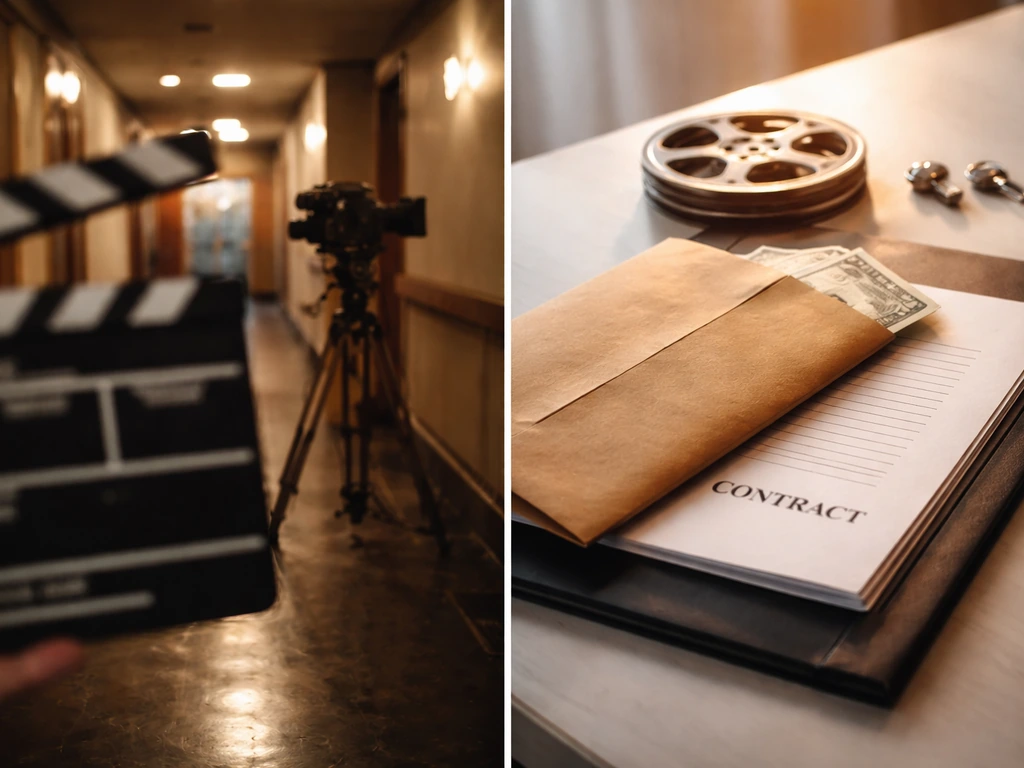 Anonymous film set clapperboard and a desk with a contract envelope and film reel, split-scene style.