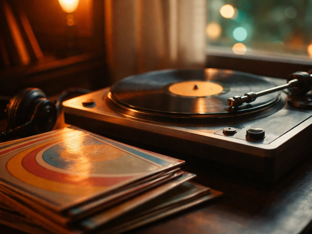 Vinyl records and a turntable in a minimal home studio, evoking music royalties and licensing.