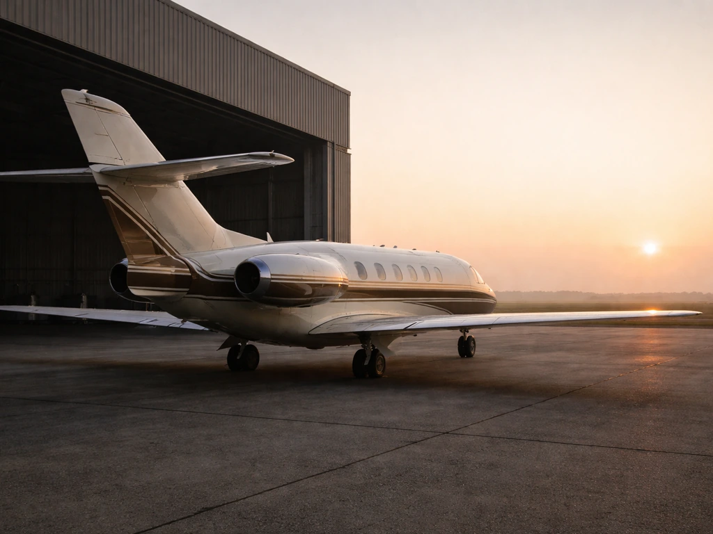 Vintage private jet parked near a quiet hangar at sunrise, cinematic aviation wealth mood.