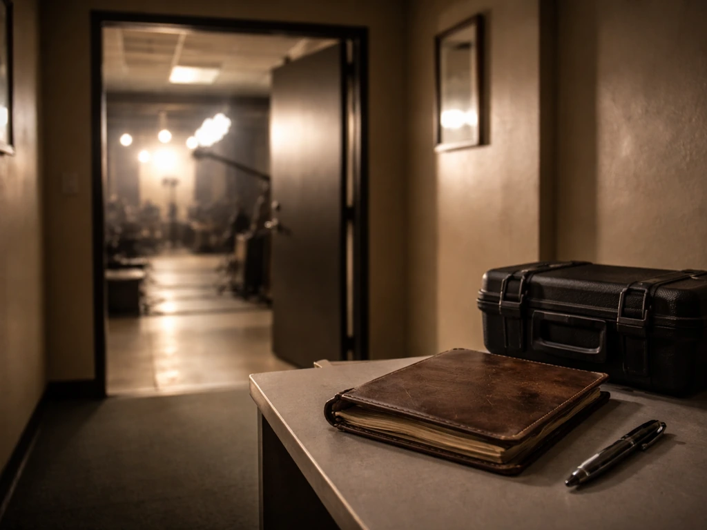 Quiet Hollywood production office hallway with studio lights, camera gear, and an open door—no people.