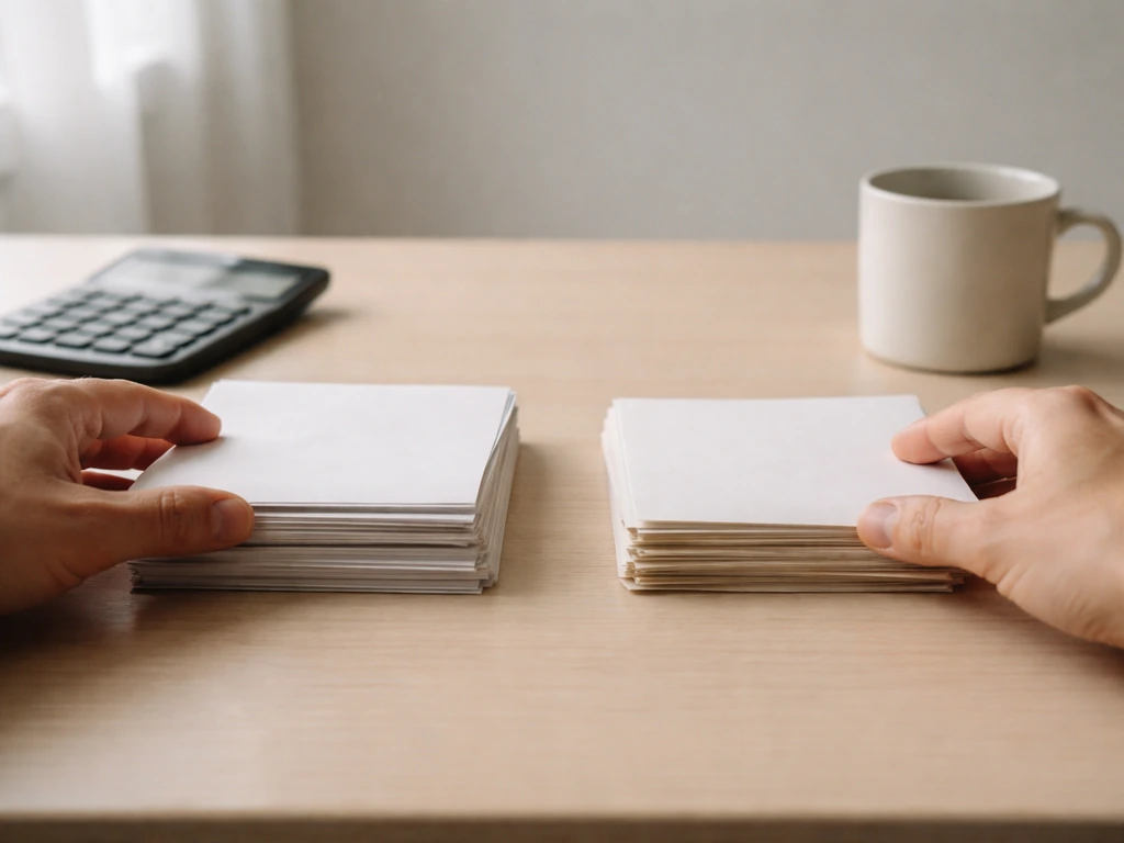 Minimal desk scene with scattered papers and a closed calculator, symbolizing asset vs liability estimates.