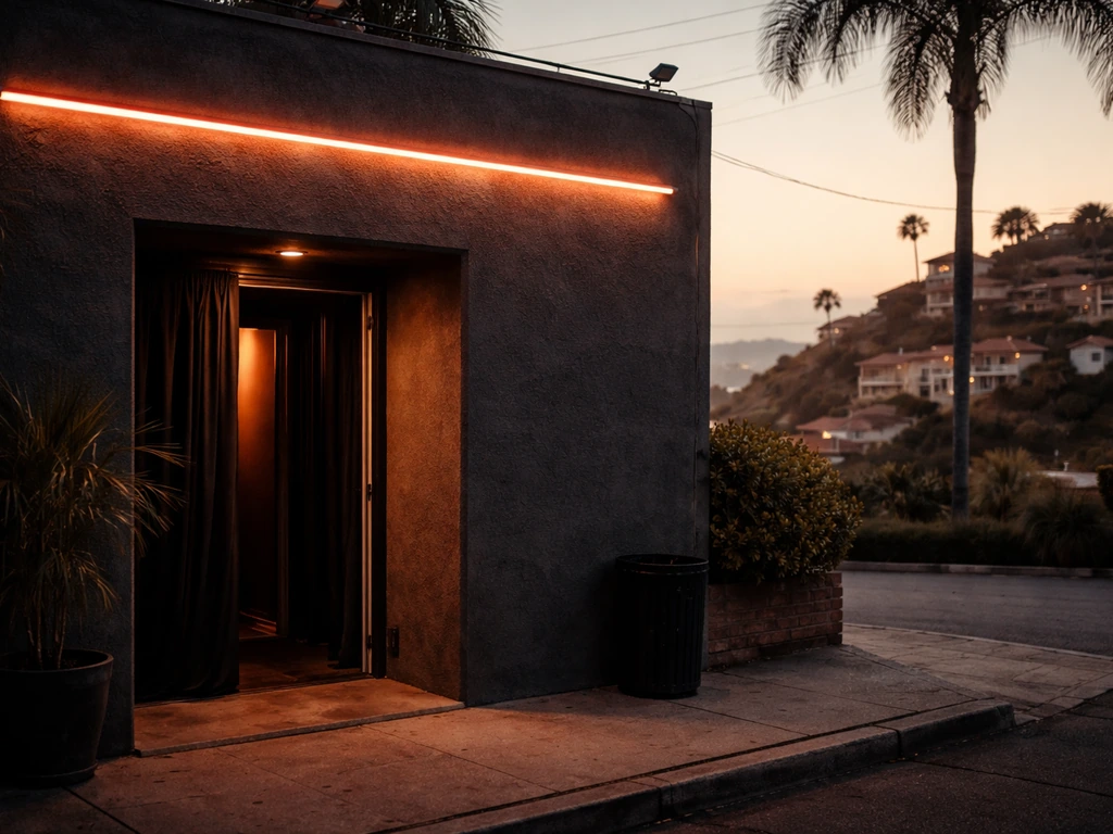Nightclub exterior at dusk with a coastal property view in the background, suggesting nightlife and real estate wealth.
