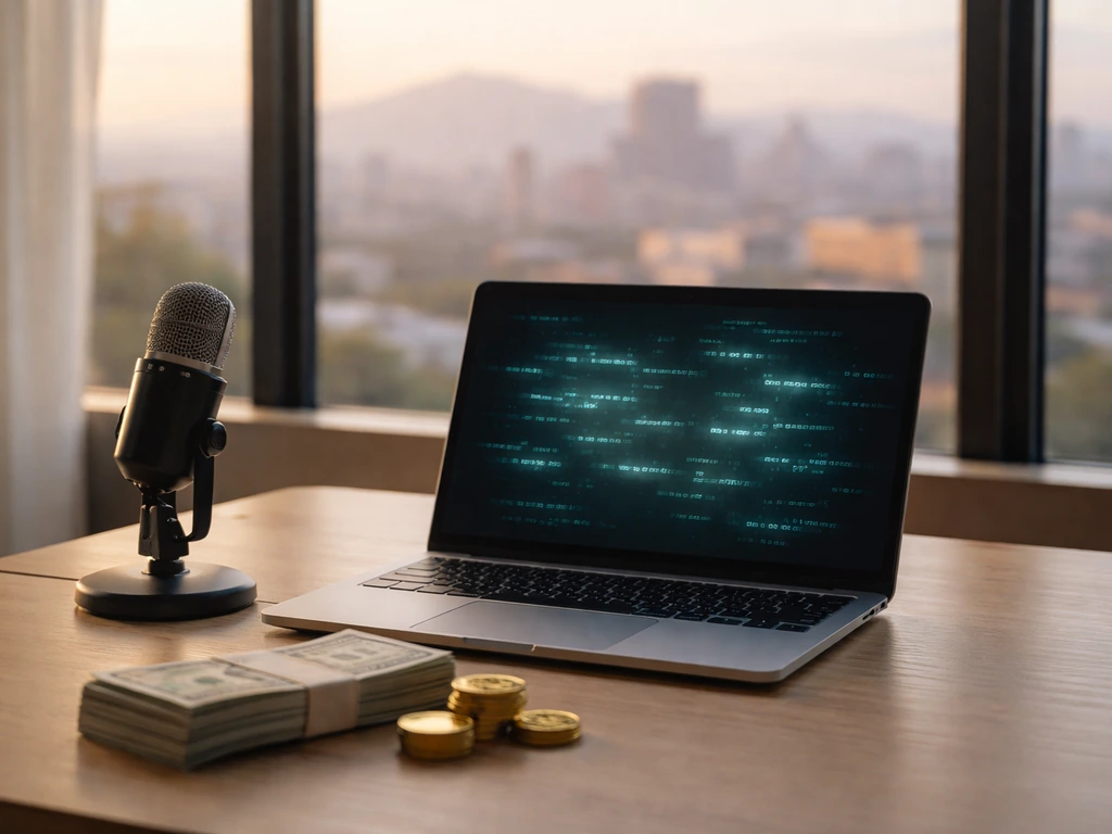 Minimal photo of an iGaming-style workspace with a laptop, money notes, and a distant Yerevan-like skyline view