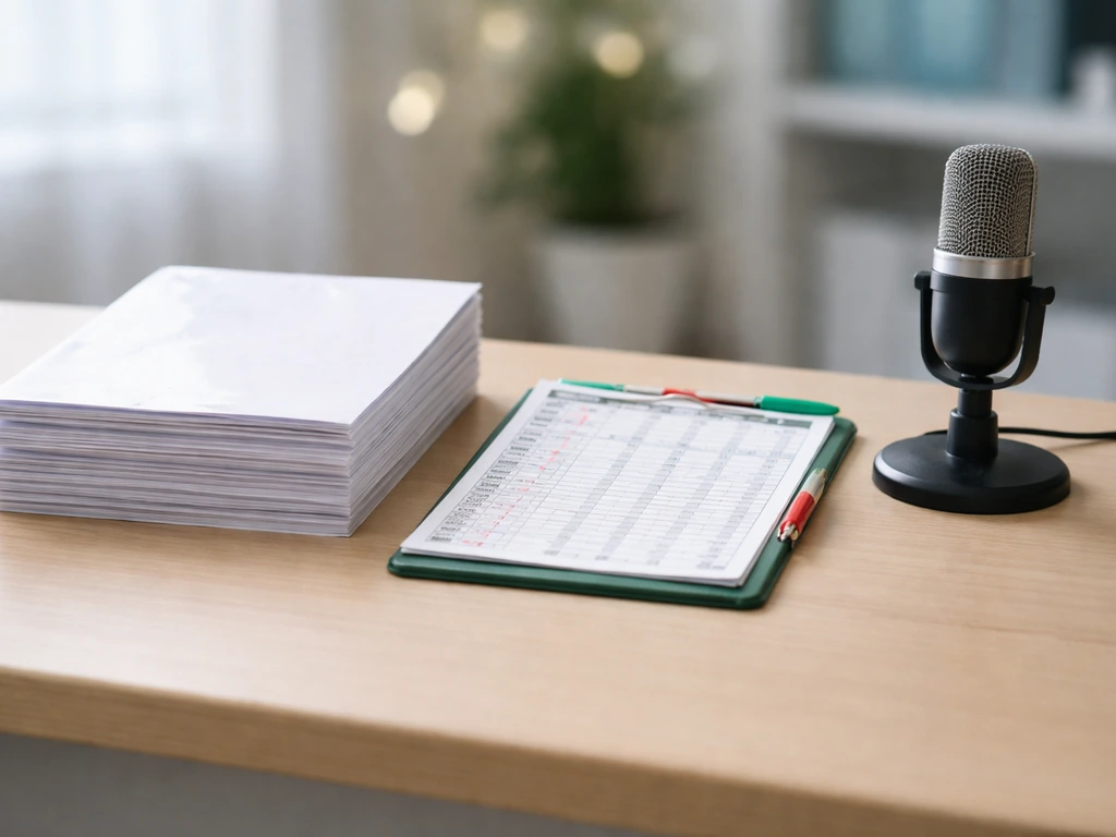 Minimal desk scene with studio microphone and sports betting items symbolizing media and iGaming analysis.