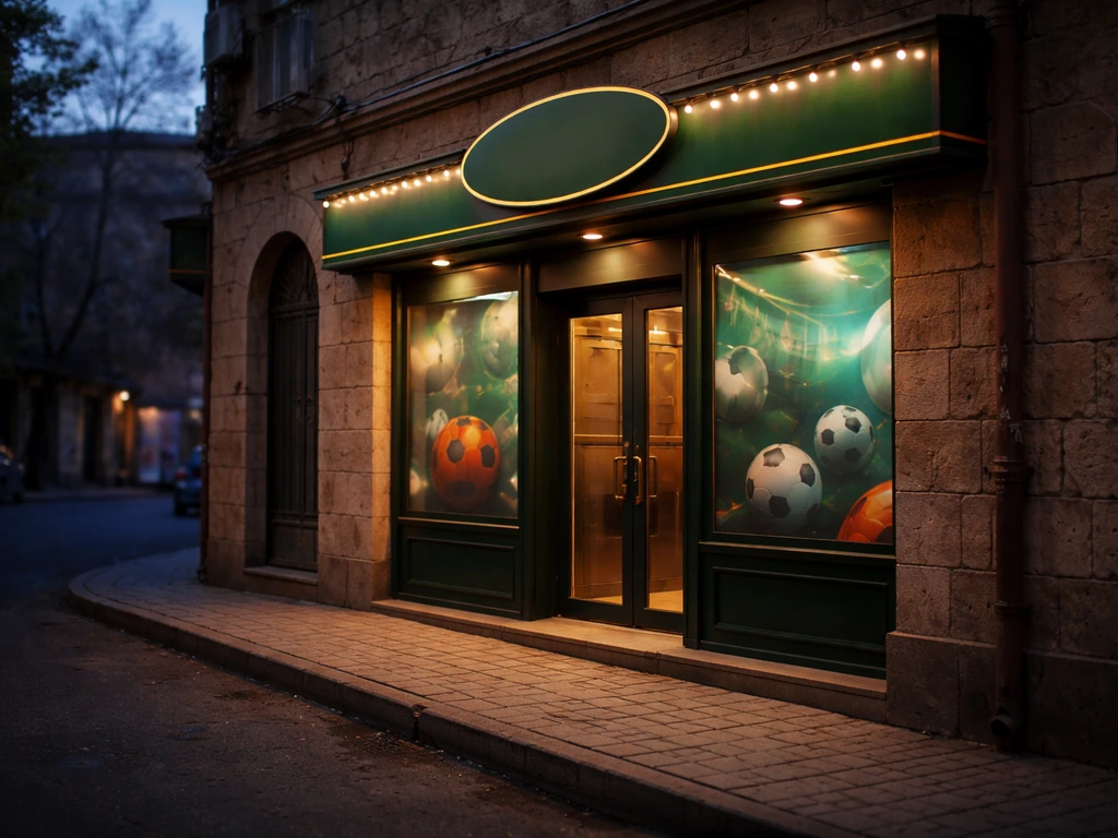 Empty betting shop entrance with Toto-like signage style cues in a small Armenian street at dusk