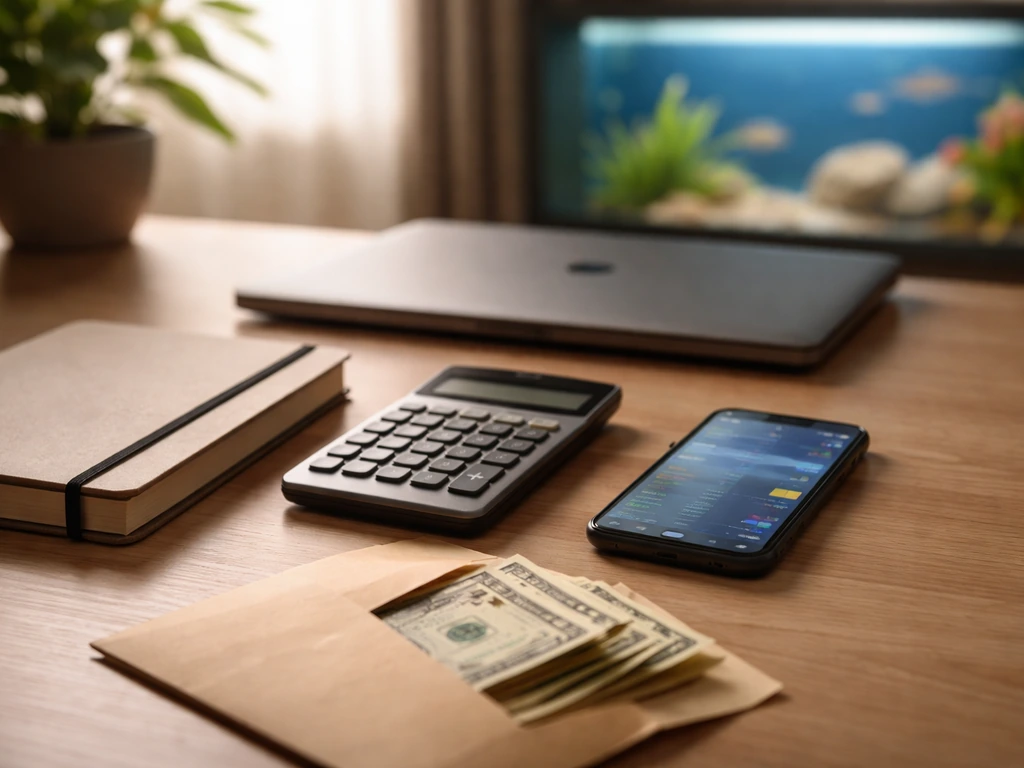 Minimal desk scene with calculator, envelope of cash, blurred phone, suggesting net worth verification and estimation.