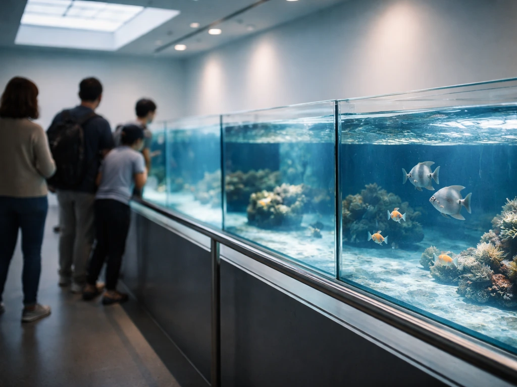 Modern interactive aquarium tanks viewed from behind with calm fish and skylit ambiance.