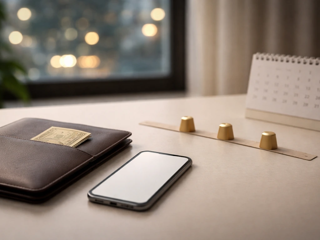 Minimal desk scene with portfolio, blurred calendar, blank phone, and gold milestone markers suggesting wealth growth.
