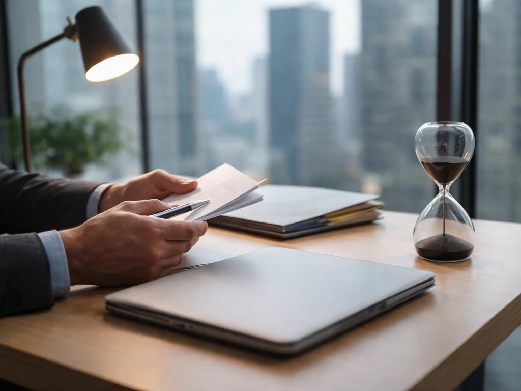 Anonymous hands at a finance desk with a pen and hourglass, symbolizing uncertainty in a money range.