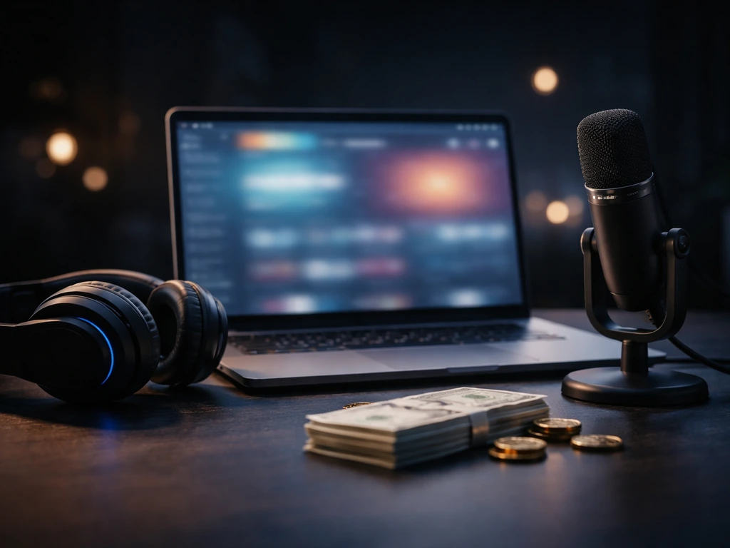 Gaming-themed scene with cash and creator gear arranged beside a glowing laptop in a dim studio