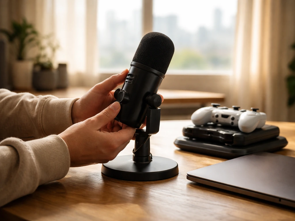 Hands adjusting a streaming microphone on a simple desk in a home office with a blurred city view.