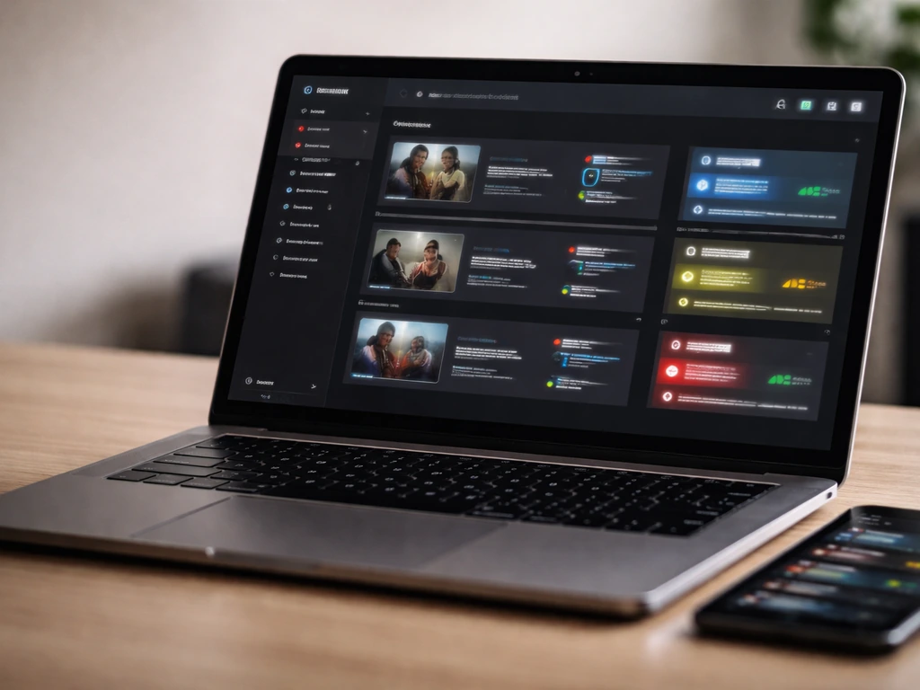 Closeup of a laptop analytics dashboard glow suggesting ad-revenue metrics, with a phone beside it