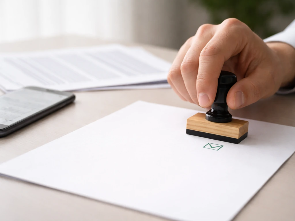 Anonymous hand stamps and checks a document on a desk beside a phone, suggesting verifying claims.