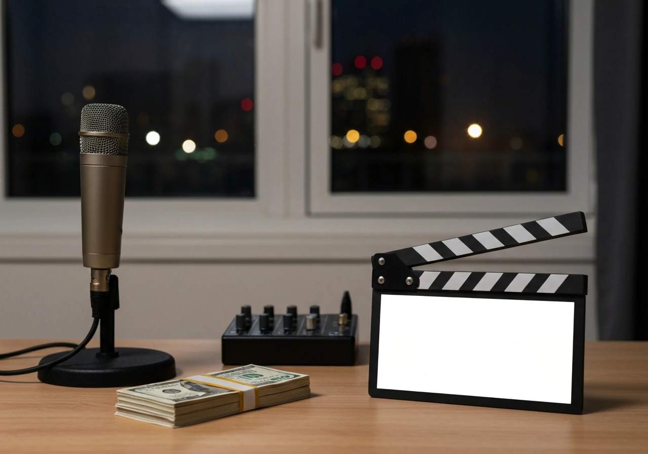 An anonymous comedy studio desk setup with a microphone, subtle cash-like objects, and a blurred city skyline.