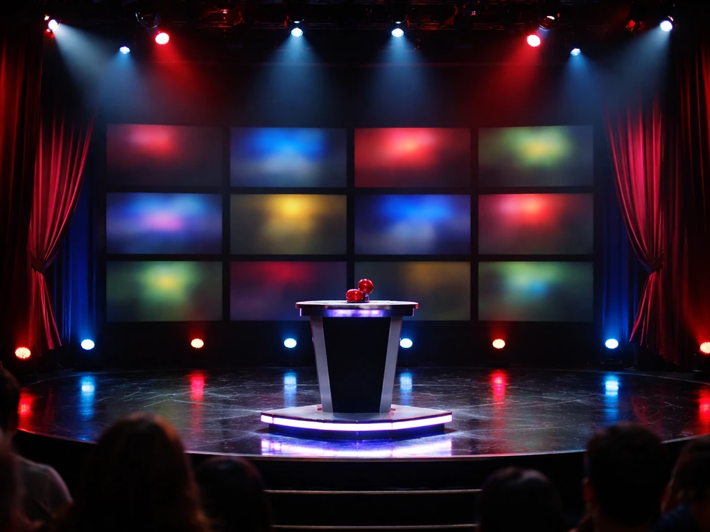 Minimal game-show stage with glowing monitors, a podium, and dramatic red-blue lights, audience blurred