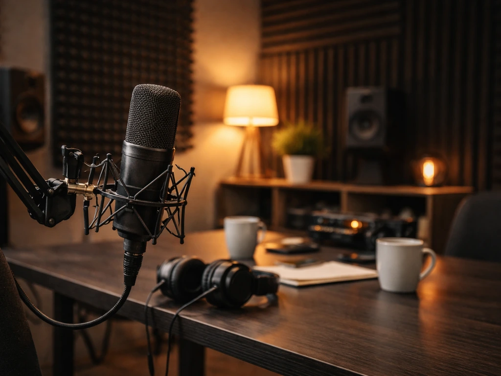 Modern recording studio scene with a microphone and warm lighting symbolizing media and brand value
