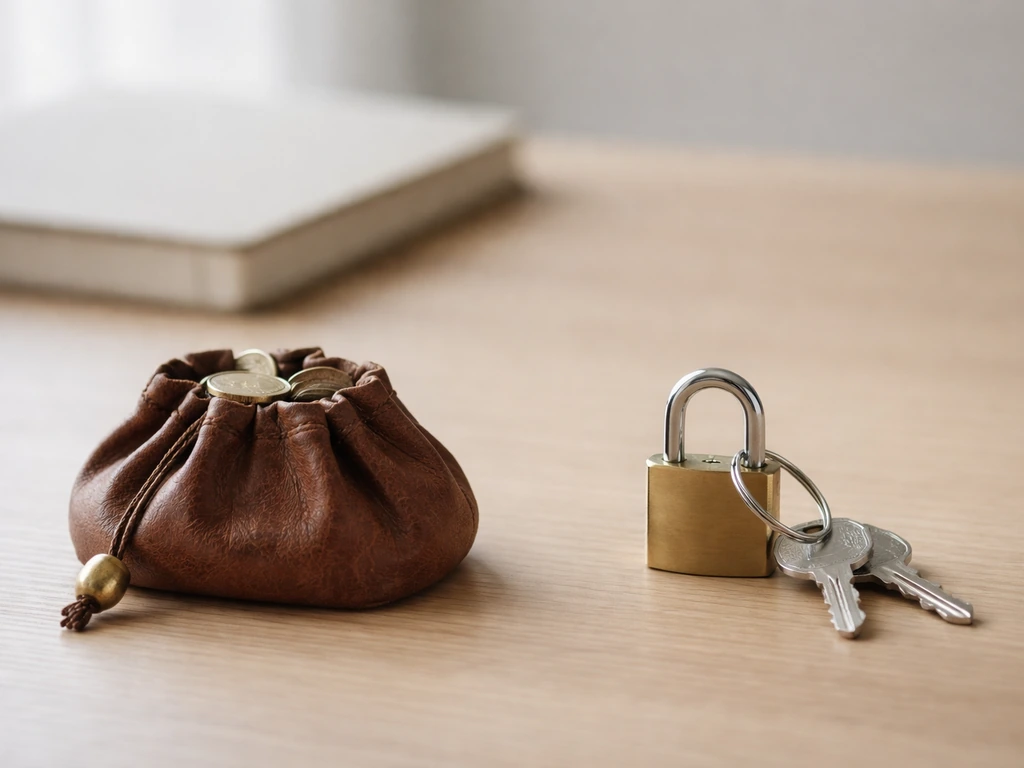 Leather money pouch and keyring with padlock on a desk, symbolizing assets minus liabilities.