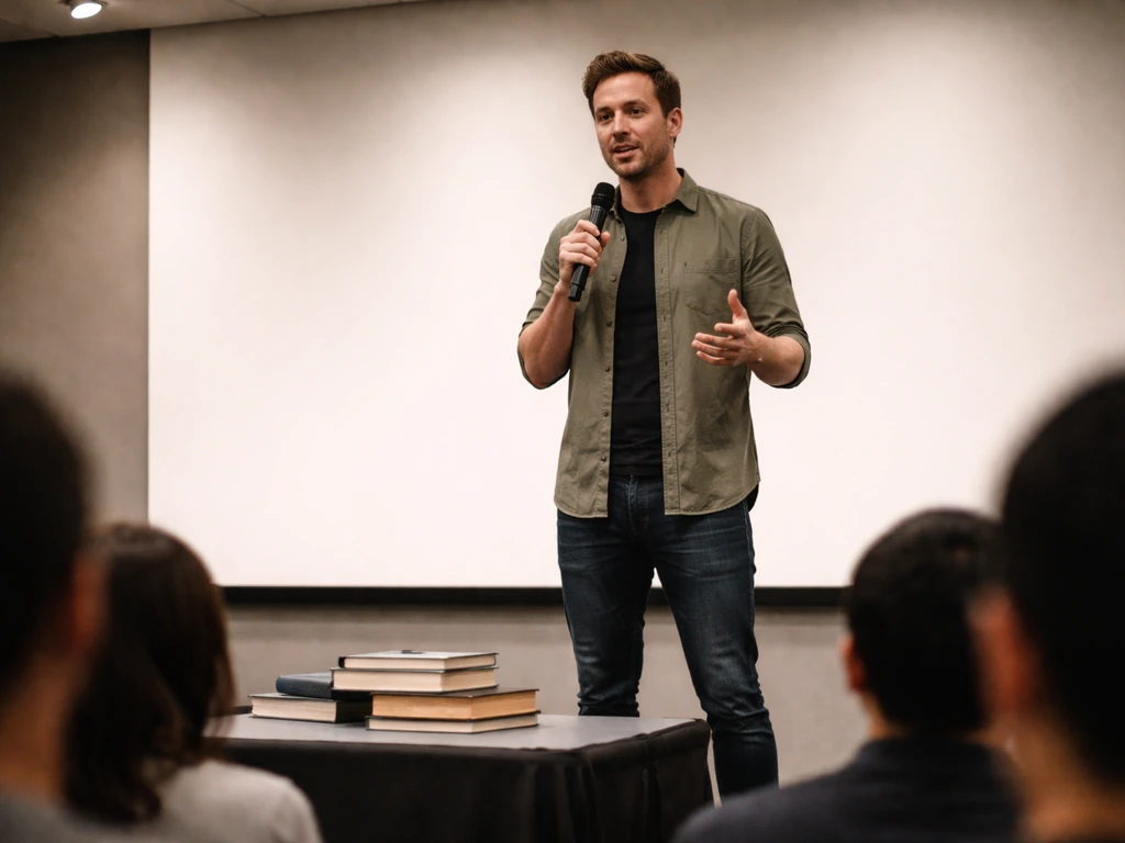 Motivational speaker at a small stage holding a microphone, with books on a table in the foreground.