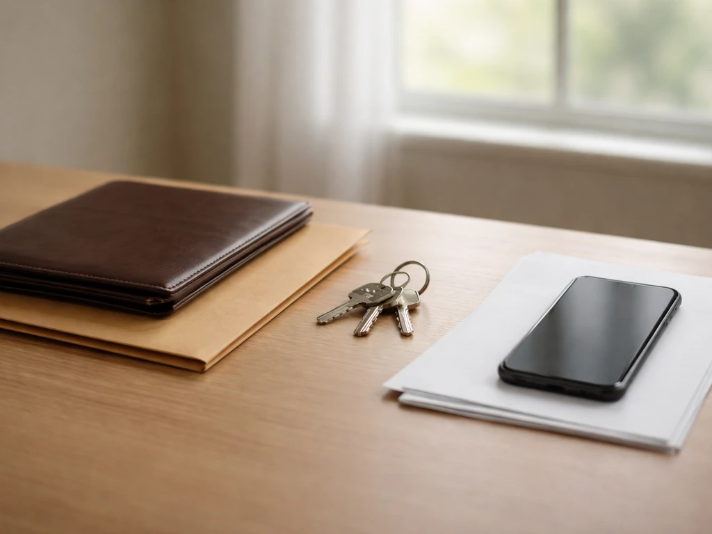 Minimal desk scene with folders, a smartphone, and keys symbolizing asset records and lifestyle proxies