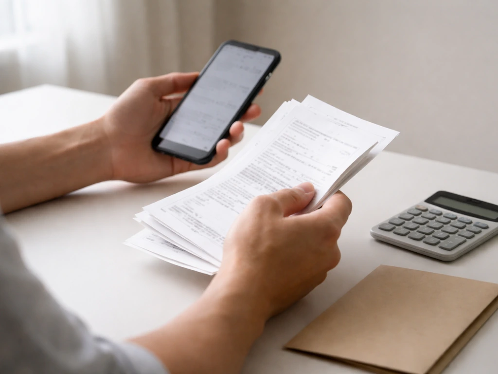 Person reviewing financial documents at a desk with a smartphone showing a generic date