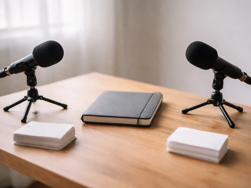 Minimal podcast desk with two microphones and blank cards suggesting identity/name confusion