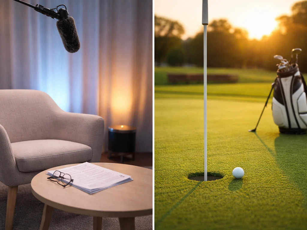 Minimal scene showing TV/entertainment cues on the left and golf/prize cues on the right, no people.