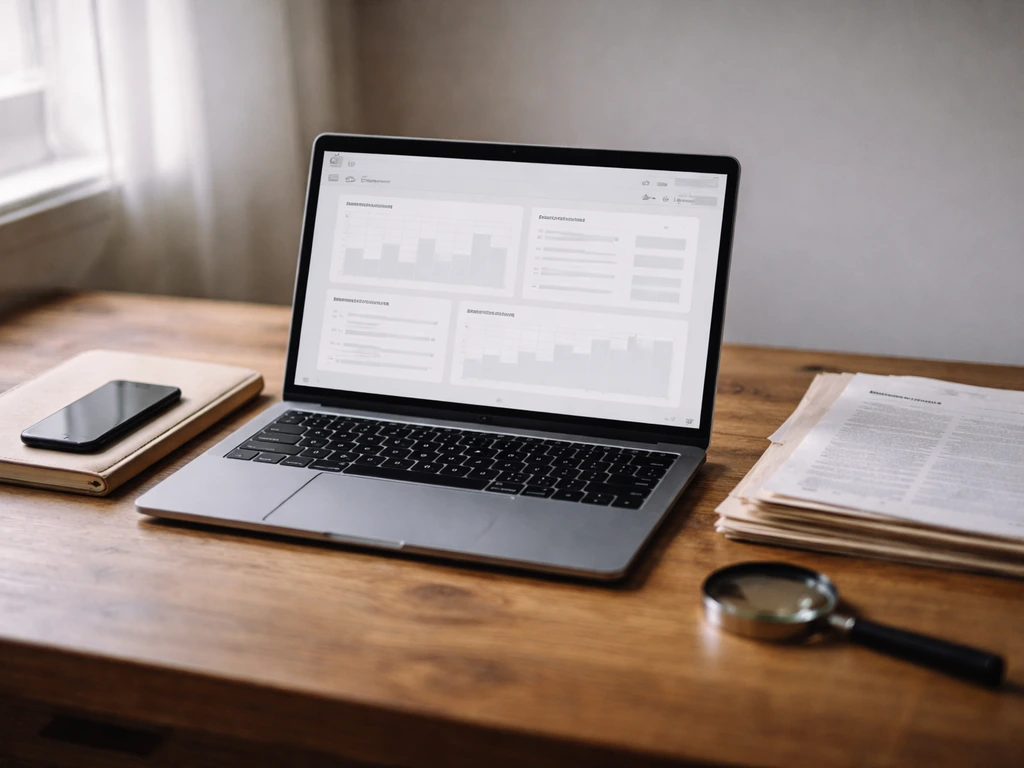 Minimal photo of a laptop open to a generic sports earnings page and a media press folder, verification vibe.