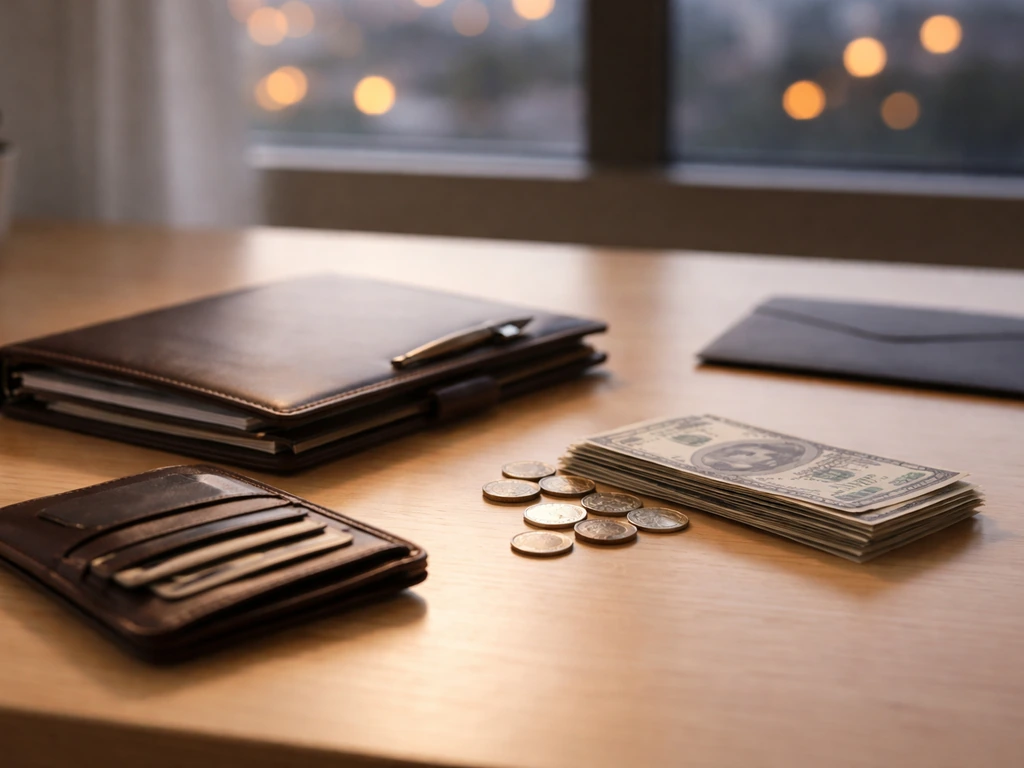 Minimal desk scene with wallet, coins, cash, and a plain envelope suggesting assets vs liabilities.
