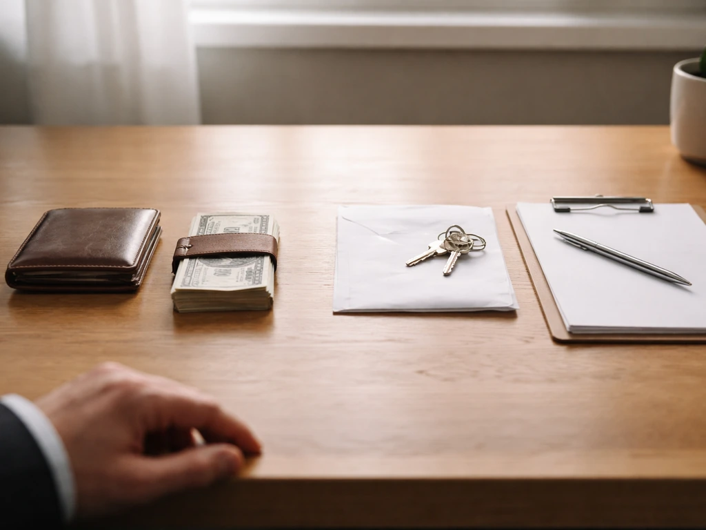 Minimal desk scene with money and bills/envelopes side-by-side to suggest assets minus liabilities.