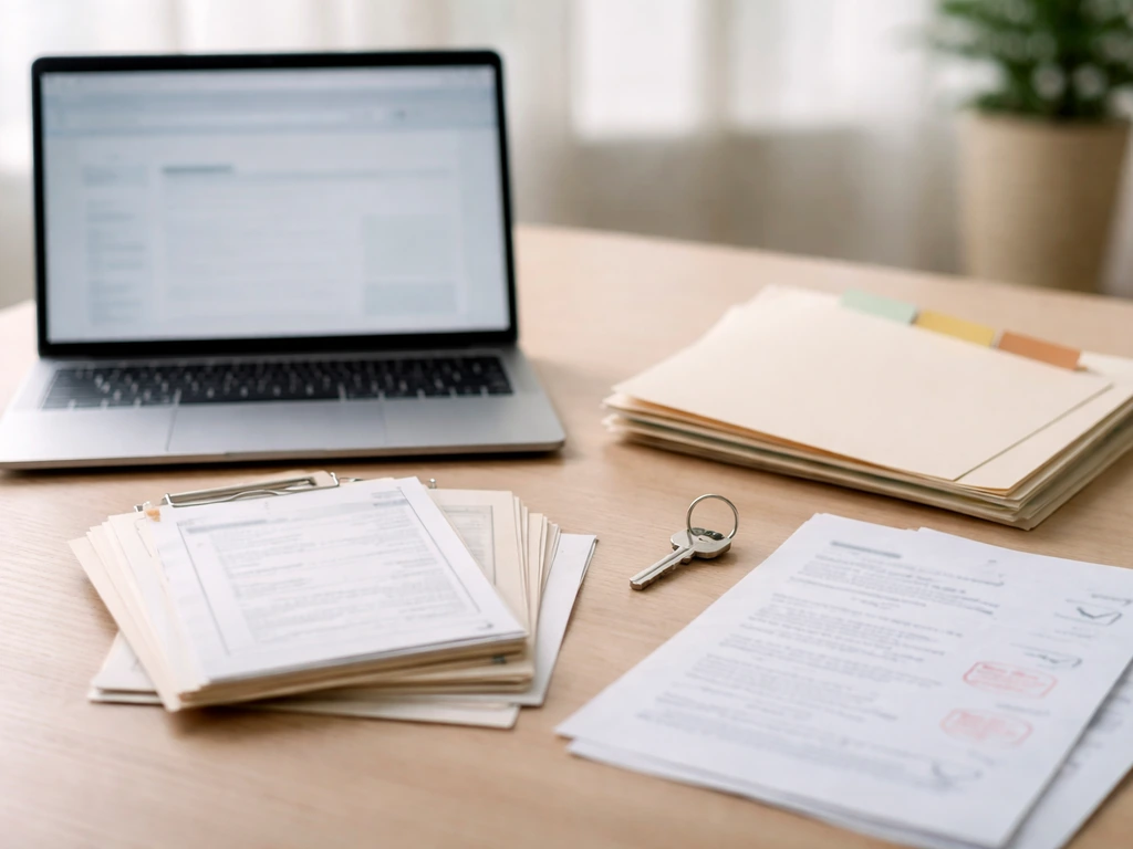 Minimal scene of scattered documents, a laptop with blank search page glow, and a key near a notebook