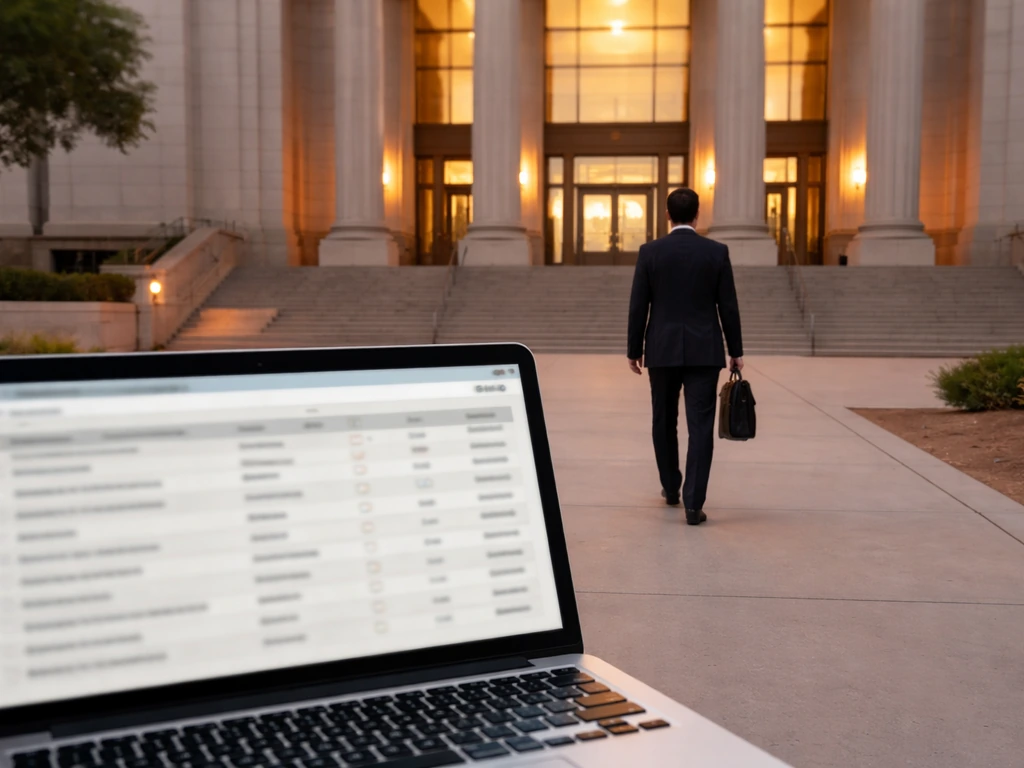 Anonymous person approaches a Nevada courthouse while a laptop shows blurred property-records rows.