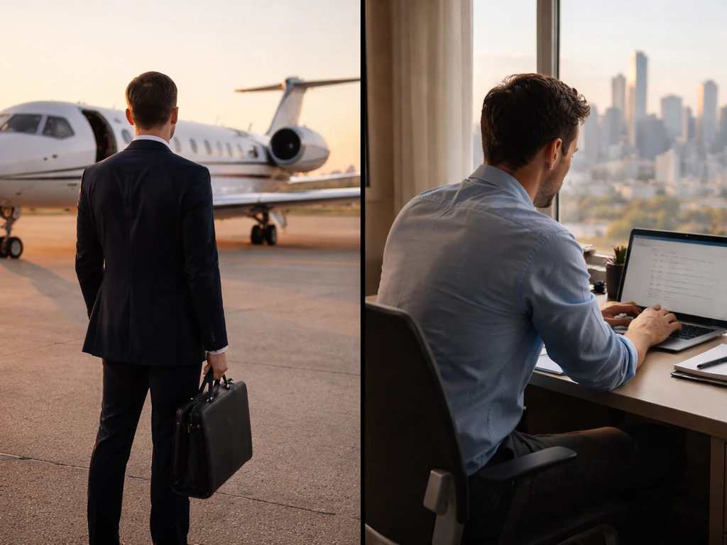 Two minimal side-by-side scenes: anonymous jet broker beside a private jet vs an office desk with laptop.