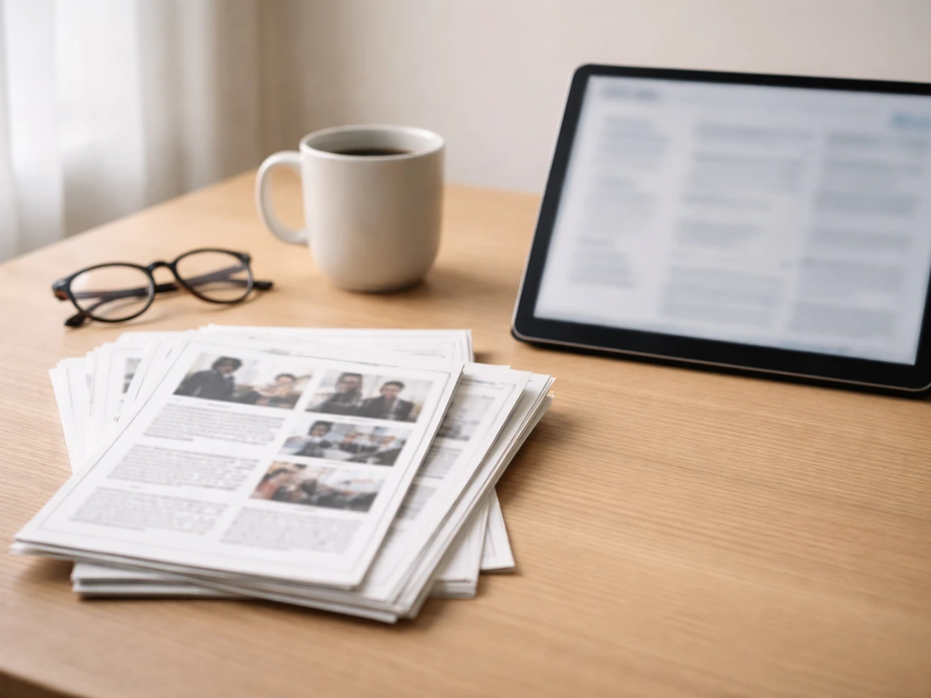 Minimal desk scene with newspapers and a tablet showing blurred finance headlines, no visible net worth figures