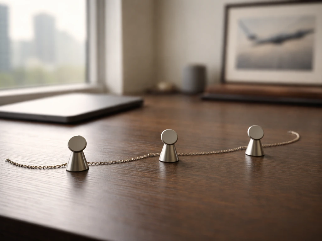 Minimal desk scene with three blank milestone markers and a string suggesting a financial timeline.