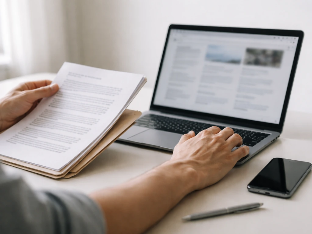 Person reviewing business documents at a desk with a laptop and a smartphone for cross-checking sources