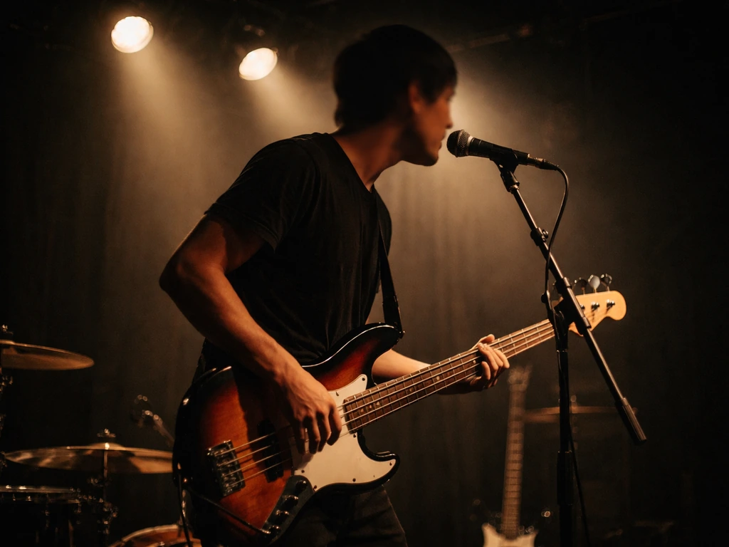 Live club stage scene with a vocalist-bassist at a microphone holding a bass under warm lights.