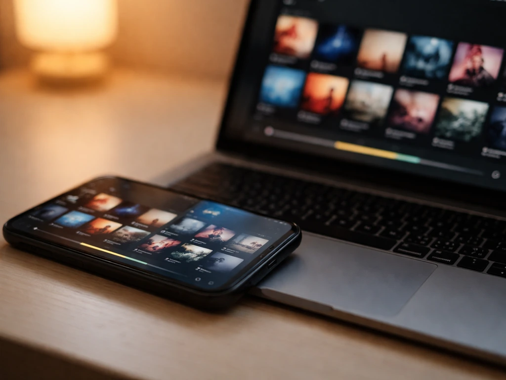 Close-up of a smartphone and laptop playing music with streaming-style thumbnails in a dim room