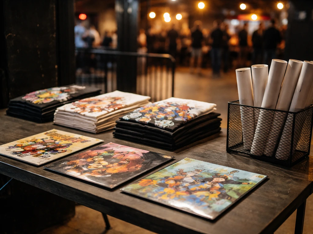Pop-punk merch table with stacked T-shirts, vinyl records, and rolled tour posters in a live venue.