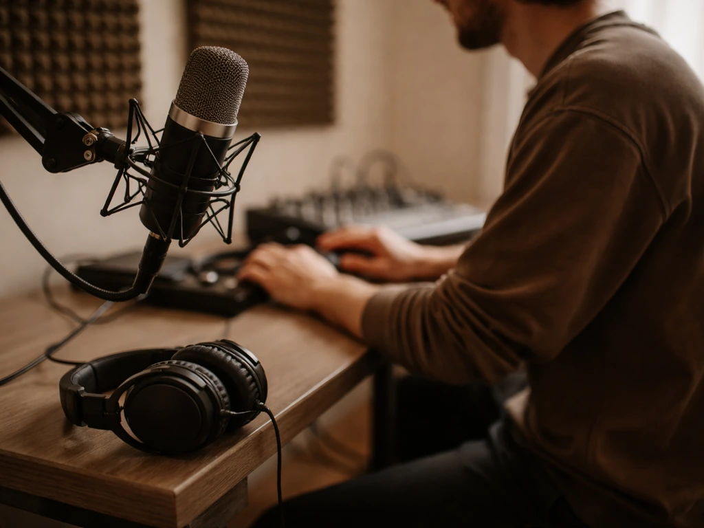 Minimal music studio setup with microphone, studio headphones, and mixing console for a production session vibe.