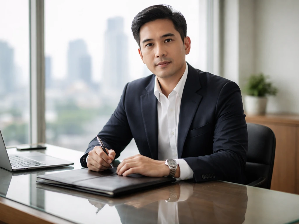 Anonymous Filipino business executive in a modern office, holding a pen, skyline blurred behind.