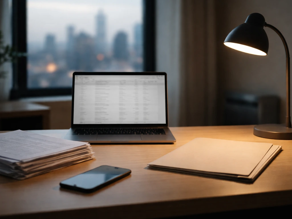 Minimal desk scene with documents and a laptop suggesting evidence-based financial research, no people.