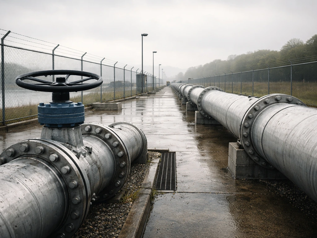 A quiet industrial water pipeline and valve station with misty infrastructure background