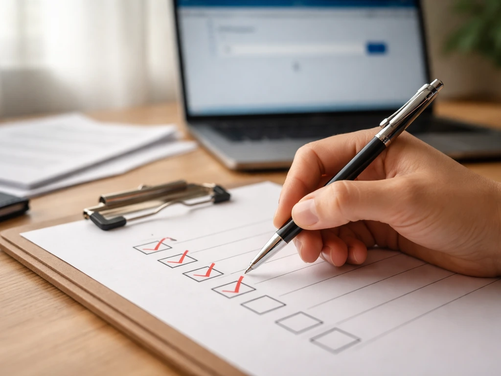Close-up of a hand ticking off a verification checklist beside a laptop open to SEC filings search