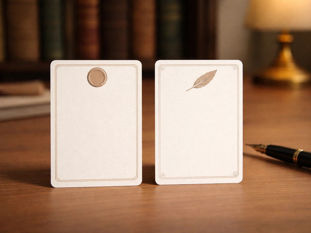 Two distinct blank identity cards with icons on a wooden desk, suggesting different “Voltaire” personas.