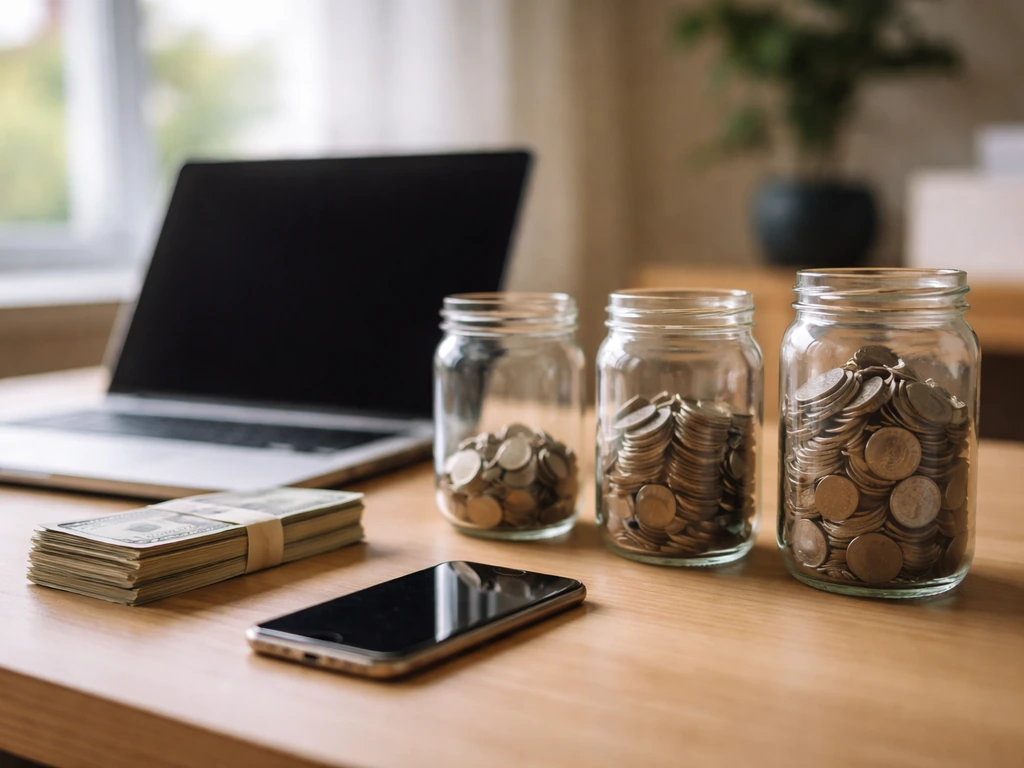 Minimal desk scene with coins and three glass jars suggesting conservative to optimistic net-worth scenarios.