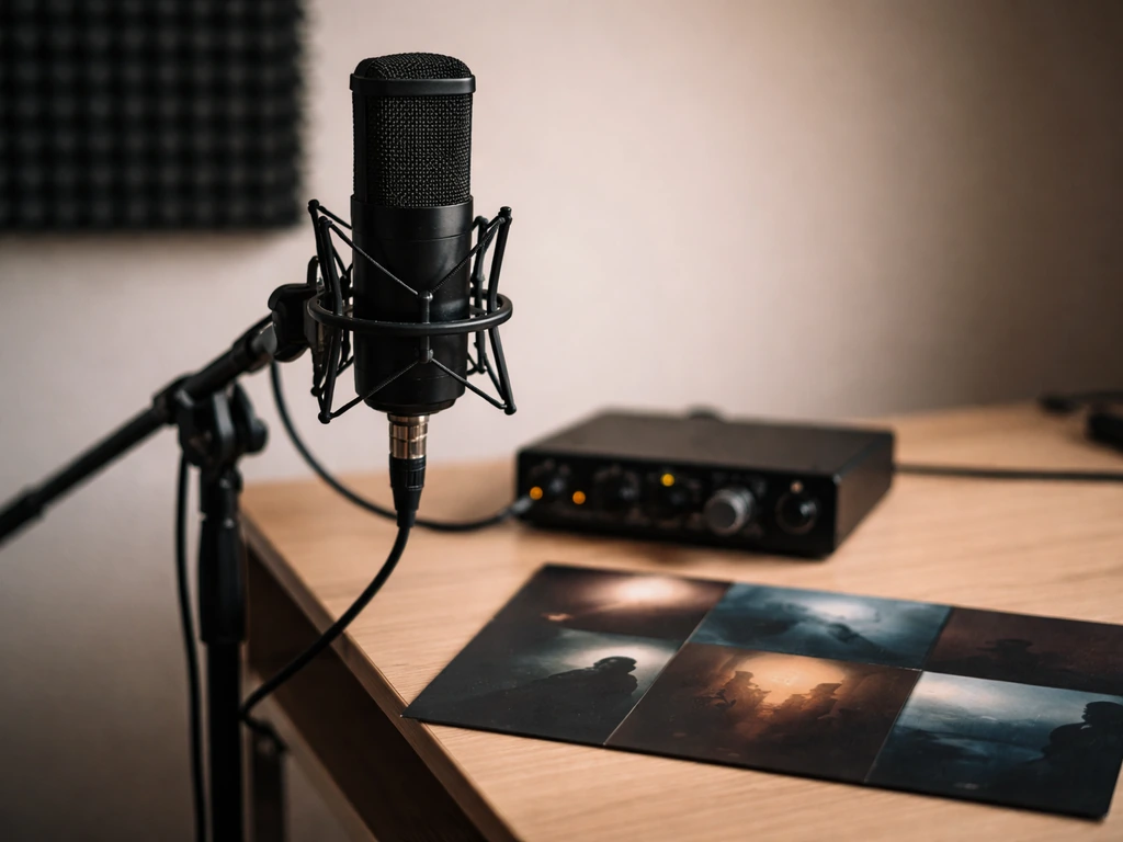 Close-up of a studio microphone, audio interface lights, and a laid-out darkwave album sleeve collage.