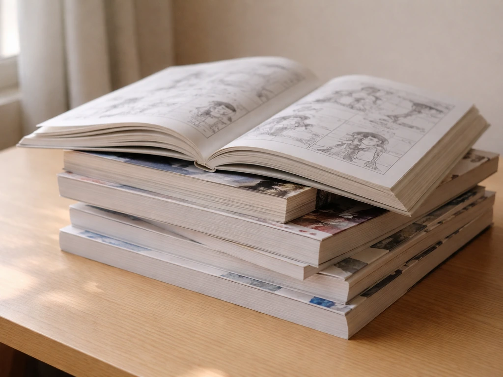 Close-up of stacked illustrated comic and book volumes with partially opened sketch panels.