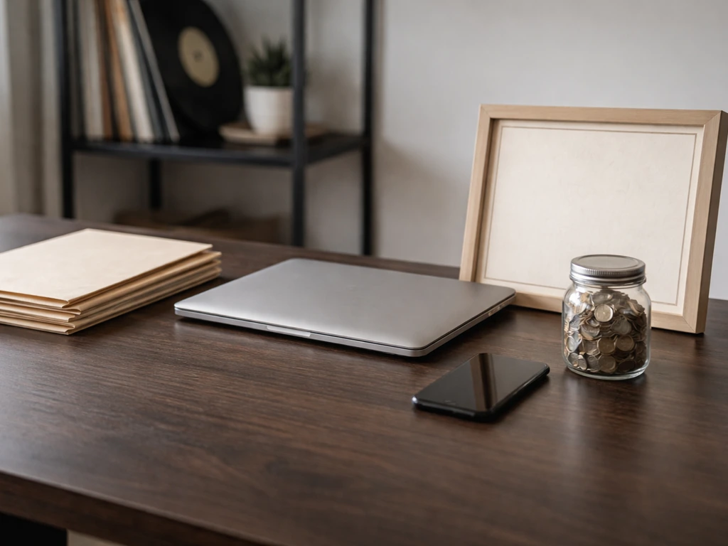 Minimal desk scene with folders, coins, laptop, and media items suggesting an asset breakdown.