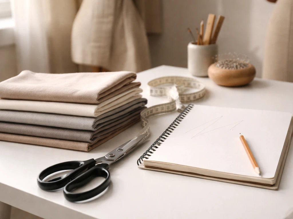 Minimal photo of a clothing design workspace with fabric swatches, a sewing tape, and a sketchbook