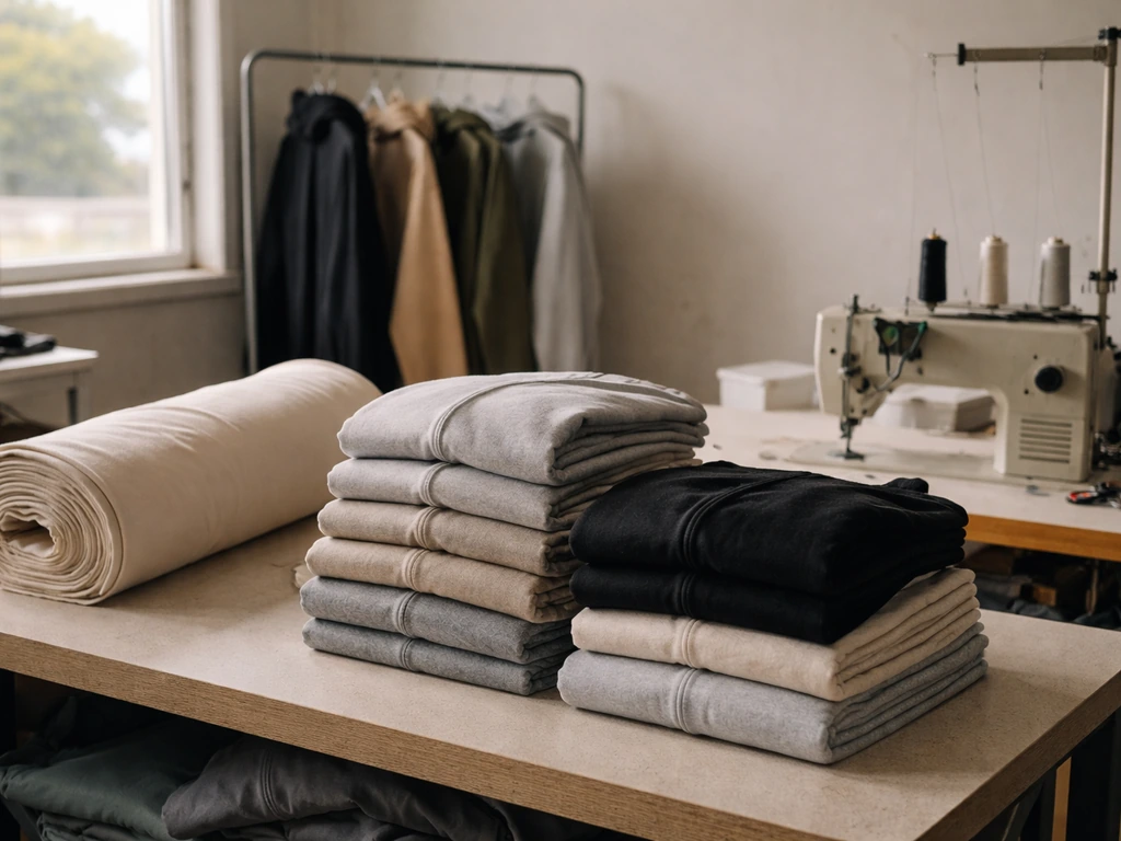 Minimal photo of an LRG-style apparel production workspace with hanging hoodies and a workbench
